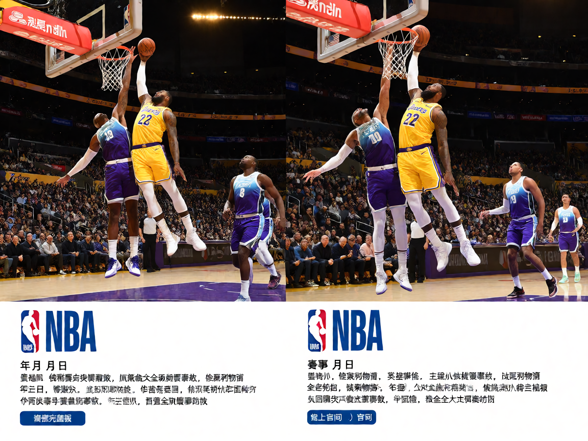 NBA湖人队比赛现场，球员在球场上精彩扣篮瞬间